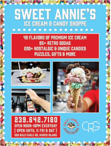A poster advertising an ice cream and candy shoppe.